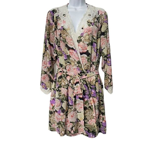 Vintage Natori Set Chemise And Robe Floral Rose Print With Lace Trim Size Small - Picture 1 of 10